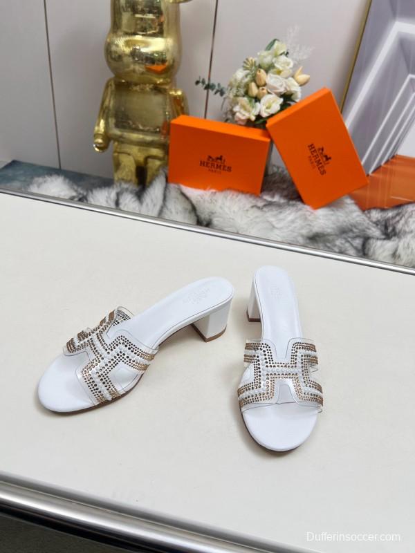 2025 Herme* White Leather Slippers Classic H Pattern MJ00180/215