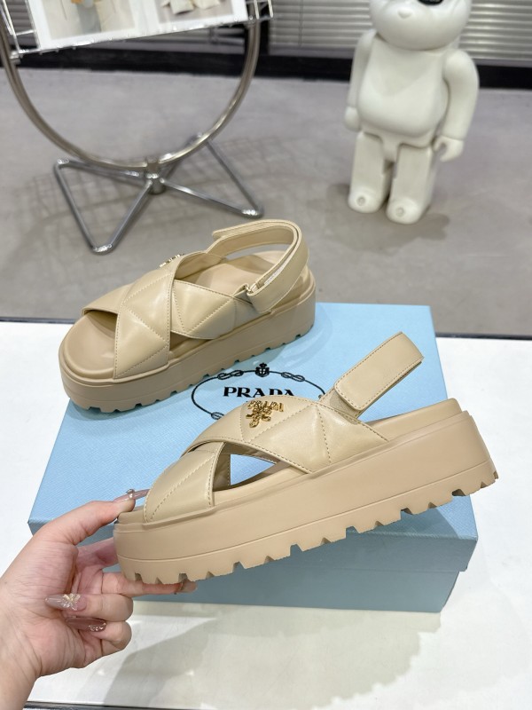 2025 Women Prada Beige Calfskin Sandals KFY00280