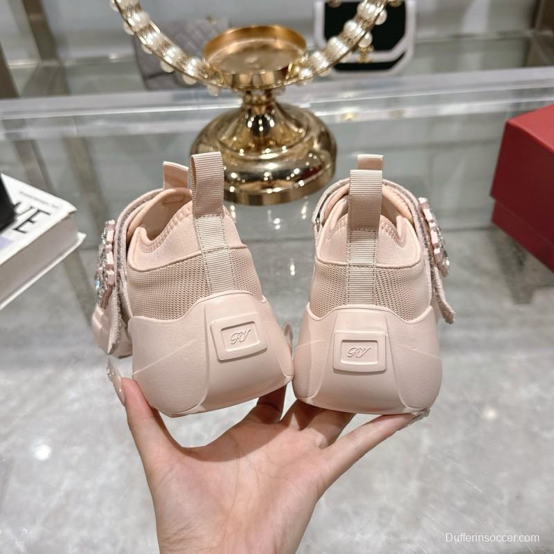 2025 Women Roger Vivier Pink Knit Suede Sneakers Crystal Buckle LY00300