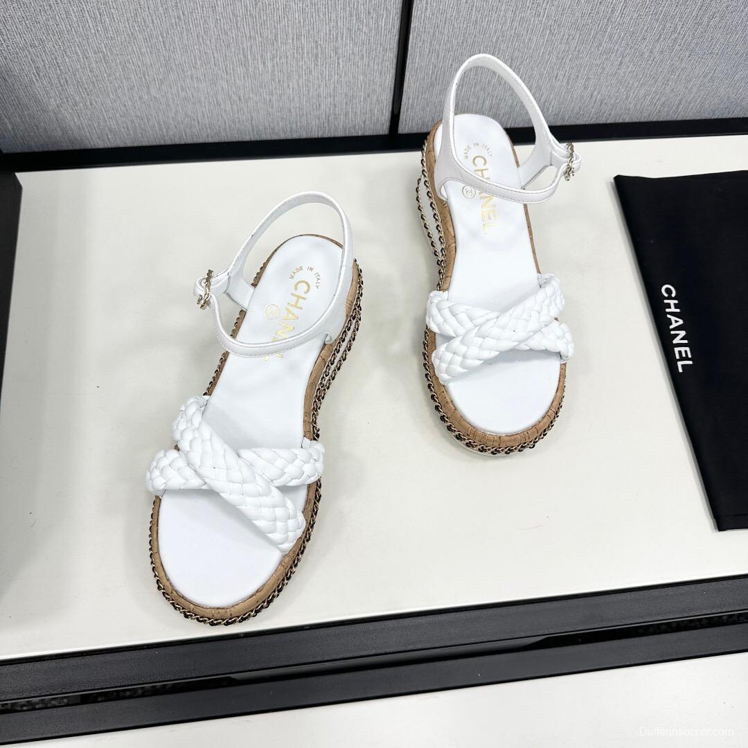 2025 Women Chanel White Leather Wedge Sandals