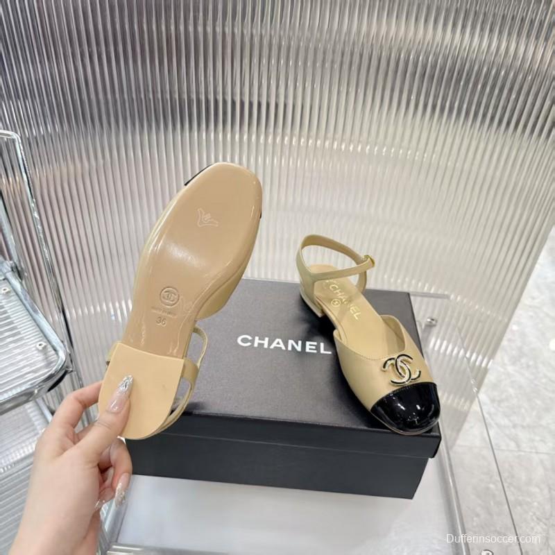 2025 Women Chanel Beige Black Leather Slingback Flat Sandals LY00260