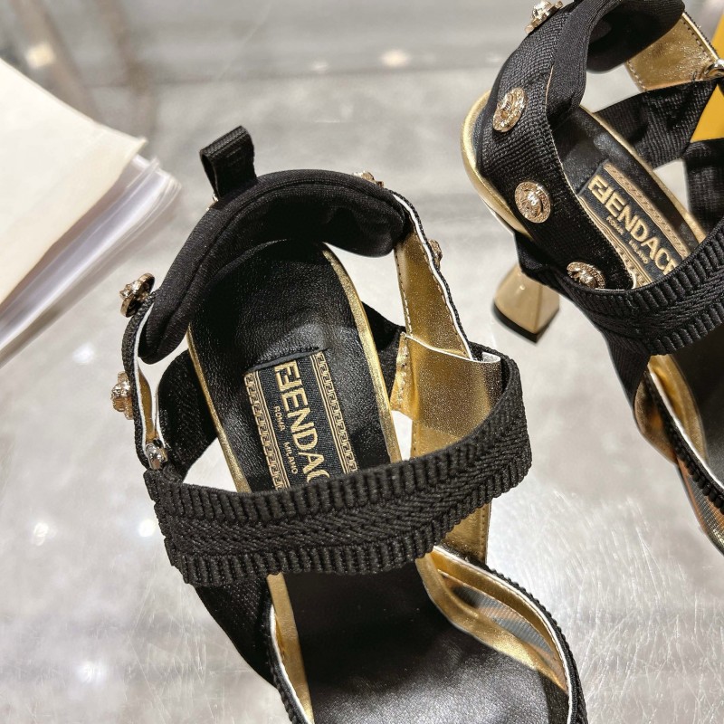 2025 Women Fendi Brown Black Leather Mesh High Heels MJ00280