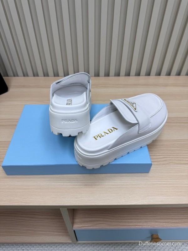 2025 Women Prada White Leather Slippers KFY00280
