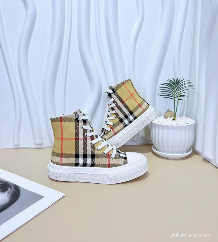 2024 Kids Burberry Beige Black White Canvas Leather High-top Sneakers