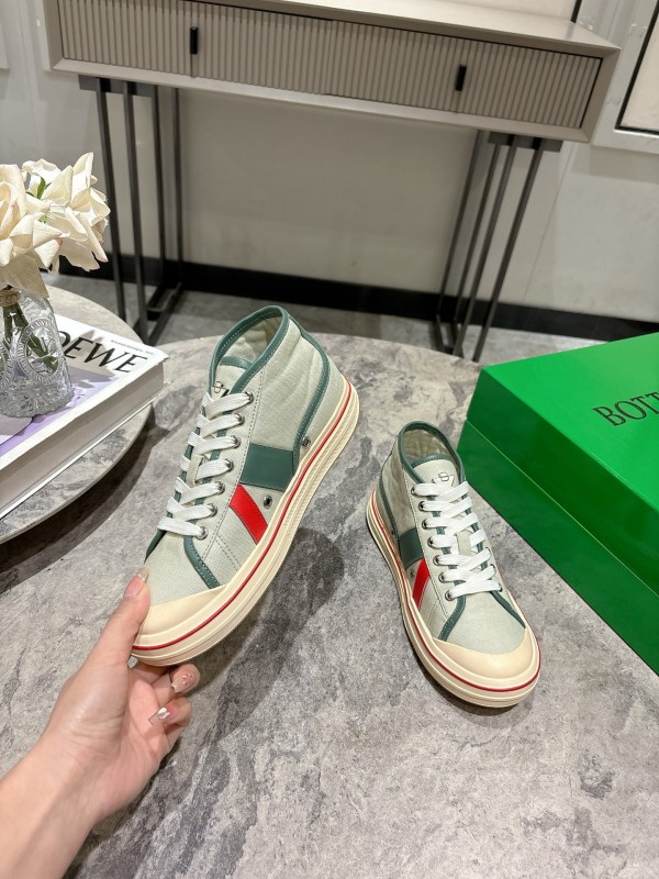 2025 Women Bottega Veneta Green White Red Canvas Leather High Top Sneakers