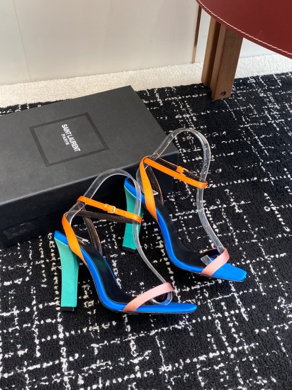 2025 Women Yves Saint Laurent Blue Orange Pink Leather Suede High Heel Sandals