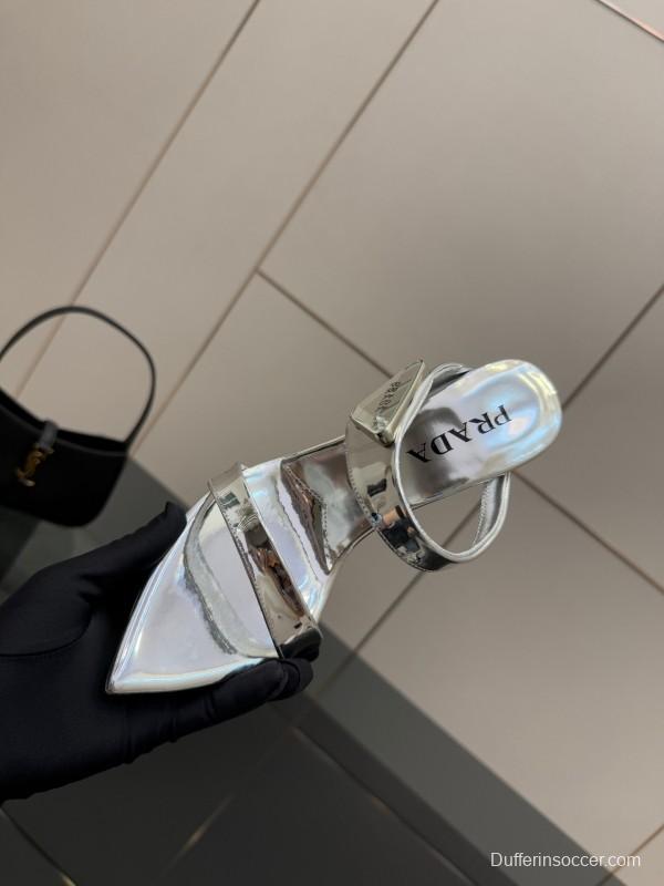 2025 Women Prada Silver Leather Pointed Toe Sandals