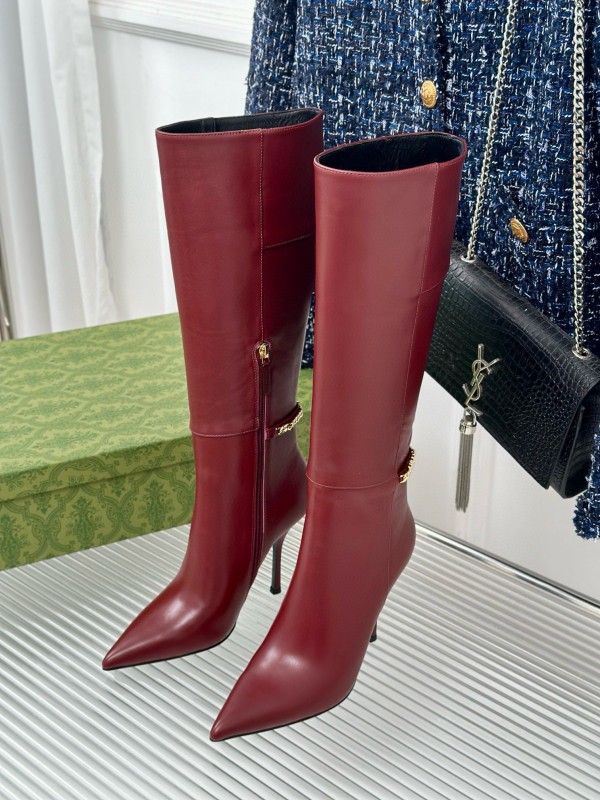 2024 Women Gucci red leather high heel knee boots