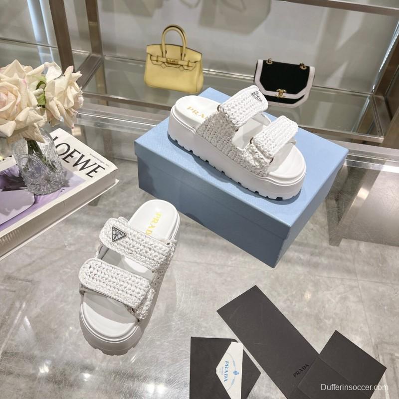 2025 Women Prada White Knit Leather Slippers