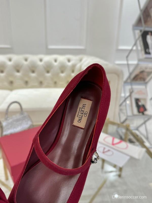 2025 Women Valentino Red Fabric Mary Jane Bow Flat LY00300