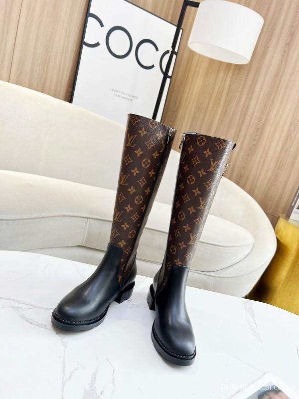 2024 Women Louis Vuitton Brown Black Leather Canvas Boots MJ00430