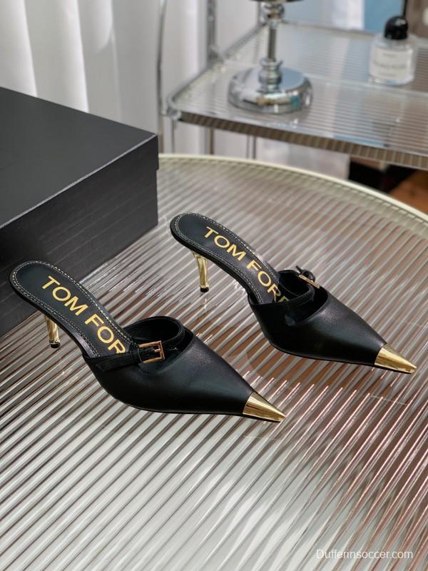 2025 Women TOM FORD Black Gold Leather Heeled Mules KFY00300