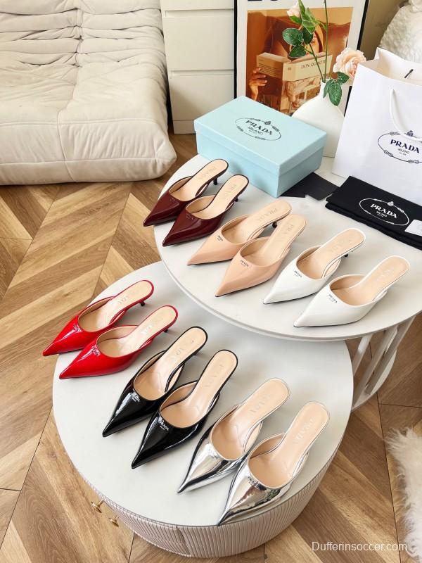 2025 Women Prada Pink Patent Leather High Heel Slip-On LY