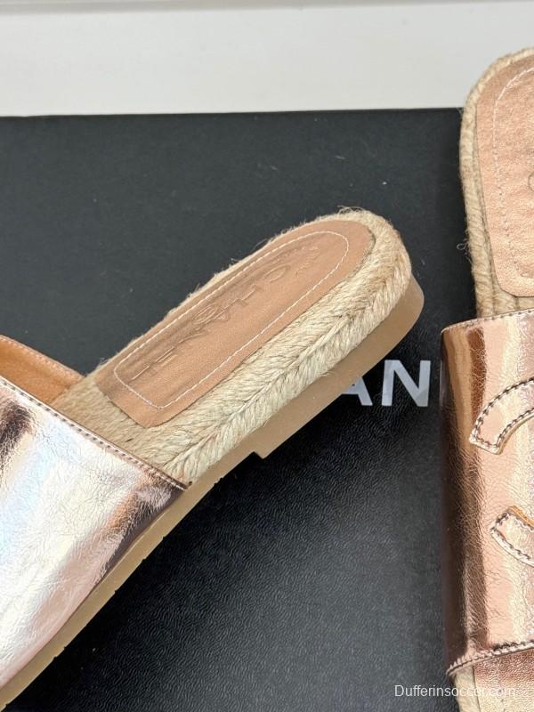 2025 Slippers Chanel Rose Gold Leather Women Espadrille Handmade KFY00230