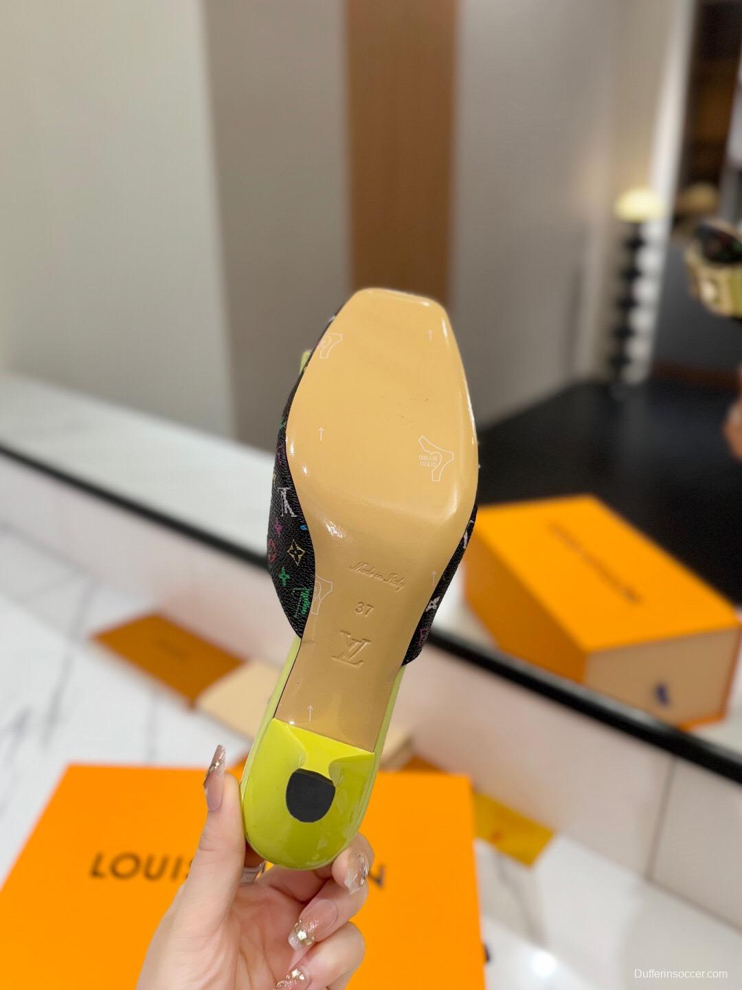 2025 Women Louis Vuitton Black Multicolor Canvas Leather Mules Buckle KFY00320