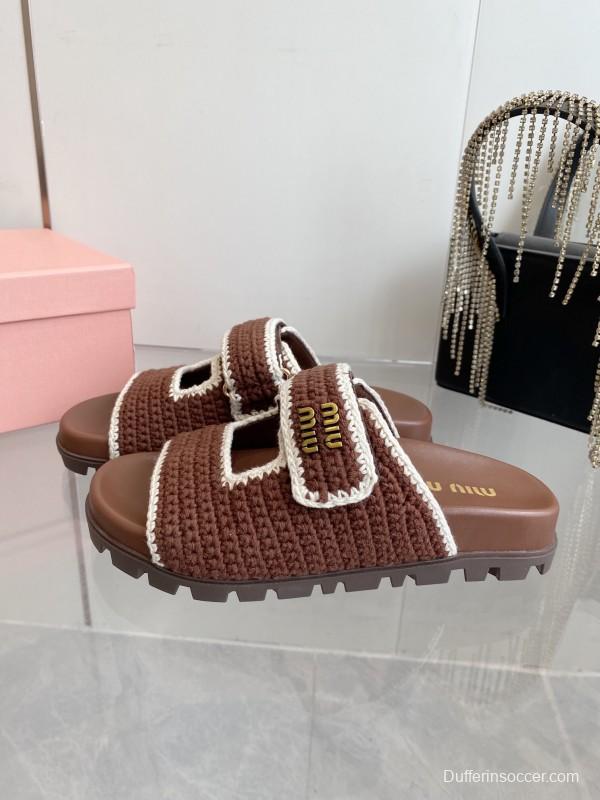 2025 Miu Miu Brown White Crochet Slippers KFY00290