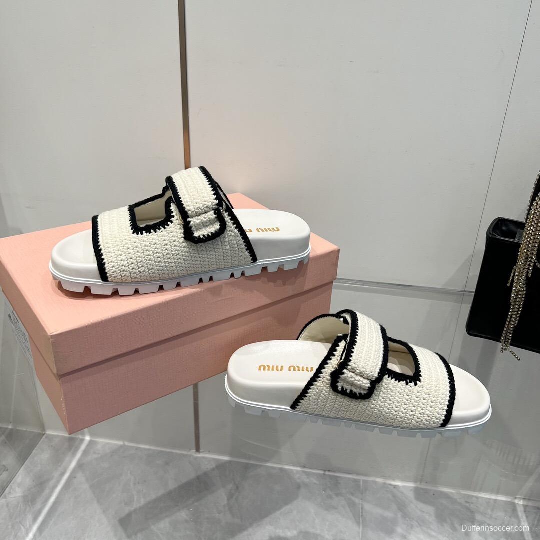 2025 Miu Miu White Black Knitted Leather Slippers KFY00290