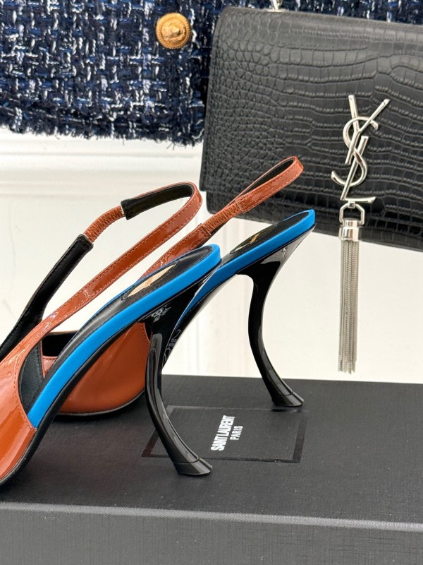 2025 Women Yves Saint Laurent Brown Patent Leather Slingback Heels KFY00290