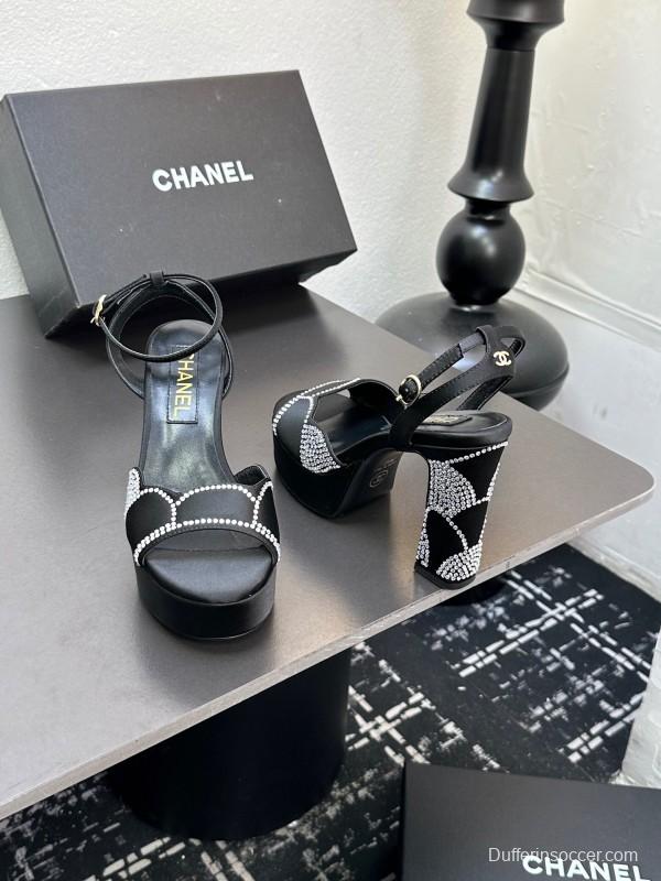 2025 Women Chanel Black Fabric Leather Rhinestone Platform Sandals KFY00320