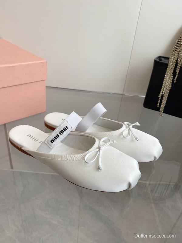 2025 Women Miumiu White Satin Ballet Flats Elastic Band KFY00280