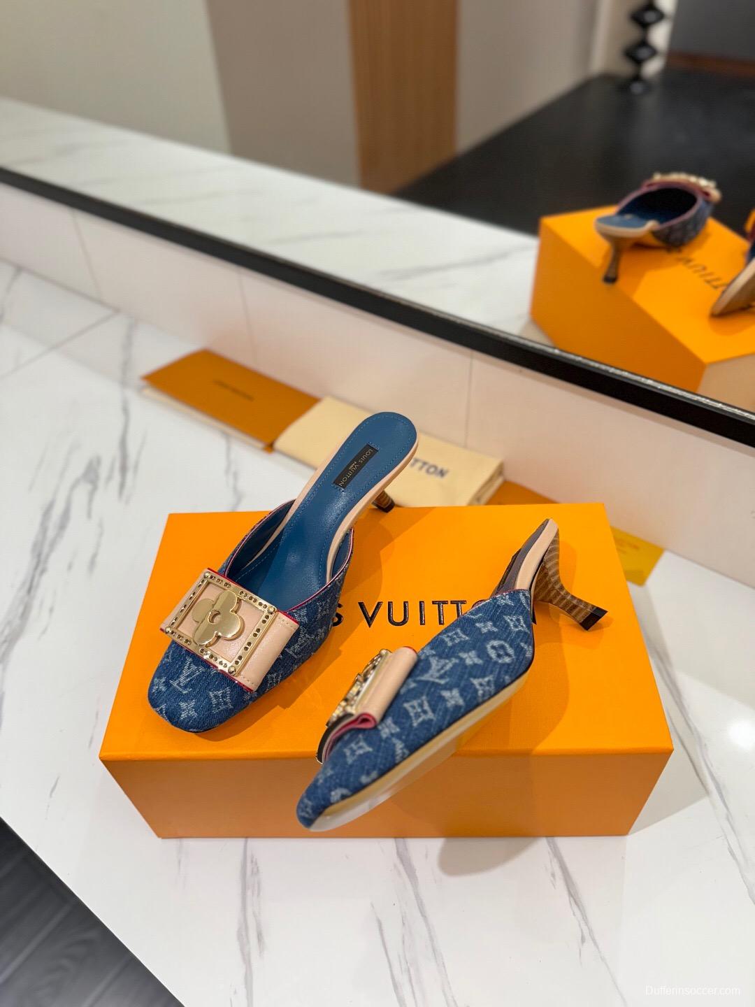2025 Women Louis Vuitton Blue Denim Leather Mule Hardware KFY00320