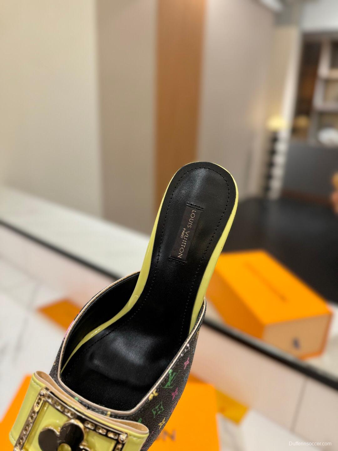 2025 Women Louis Vuitton Black Multicolor Canvas Leather Mules Buckle KFY00320