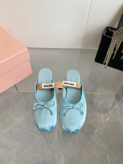 2025 Women Miu Miu Light Blue Satin Slip-On Ballet Flats KFY00280