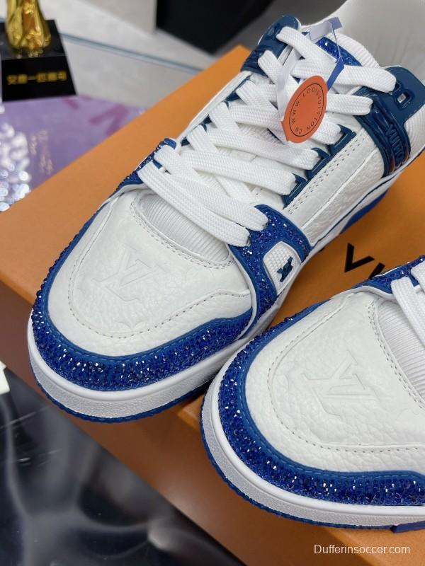 2025 Unisex Louis Vuitton Blue White Leather Plimsolls Handcrafted Beaded AS00400
