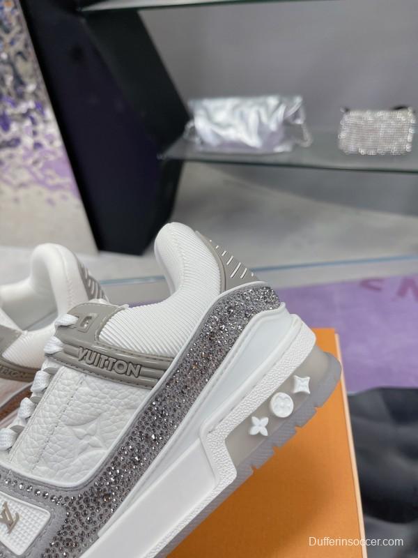 2025 Unisex Louis Vuitton White Silver Leather Fabric Plimsolls Handcrafted Crystals AS00400