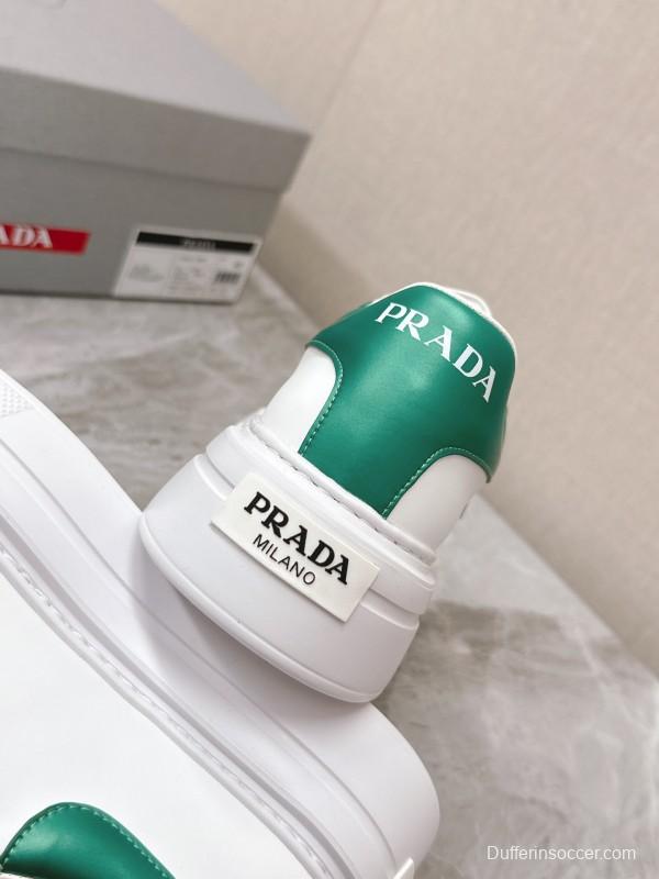 2025 Unisex Prada White Green Calf Leather Sneakers KFY00290