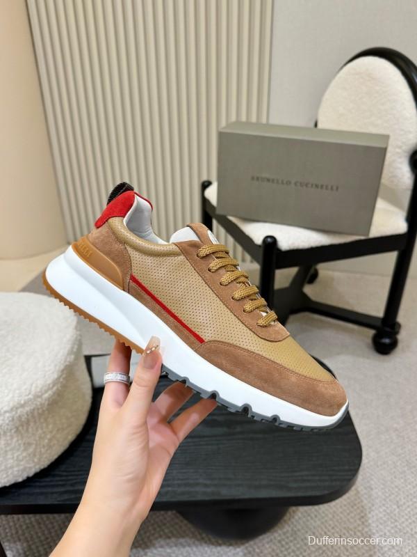 2025 Unisex Brunello Cucinelli Beige Brown Red Calfskin Mesh Sneakers AS00320