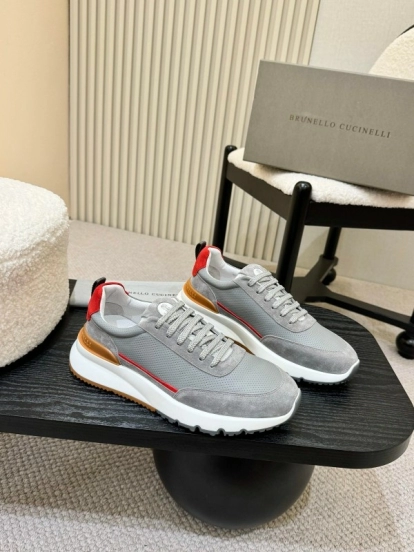 2025 Men Brunello Cucinelli Grey White Brown Suede Mesh Sneakers AS00320