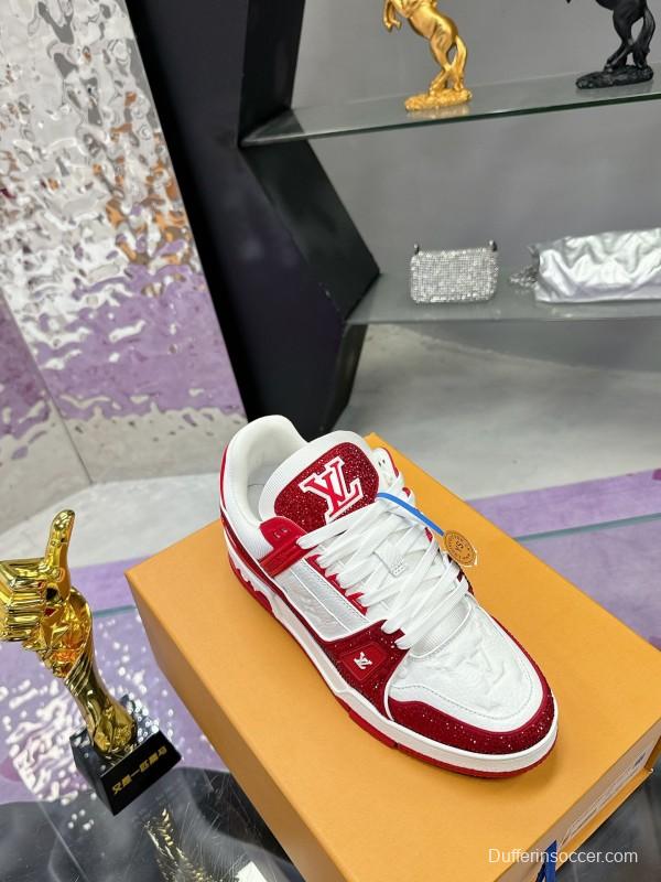 2025 Unisex Louis Vuitton Red White Leather Fabric Plimsolls Handmade Rhinestone AS00400
