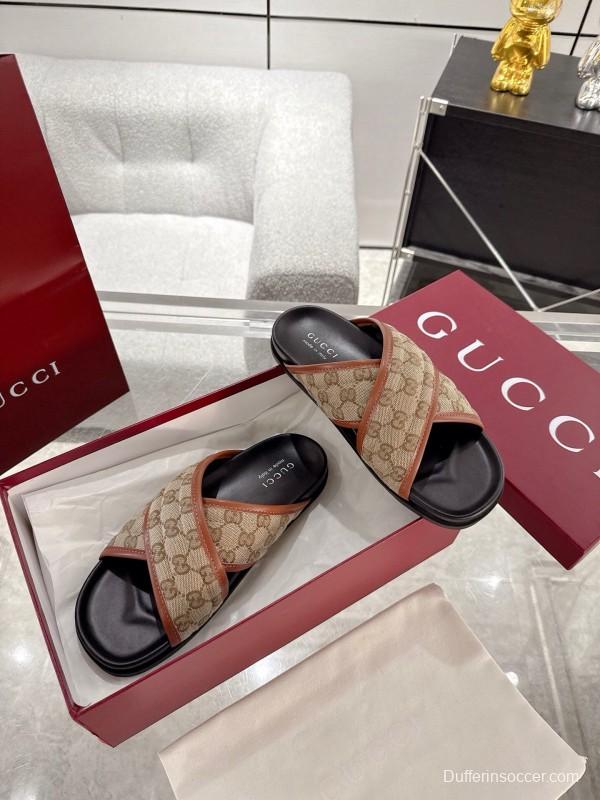 2025 Unisex Gucci Beige Brown Canvas Leather Slippers Double G Embossed AS00240