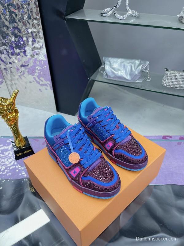 2025 Women Louis Vuitton Blue Purple Leather Fabric Plimsolls Handcrafted Rhinestones AS00400
