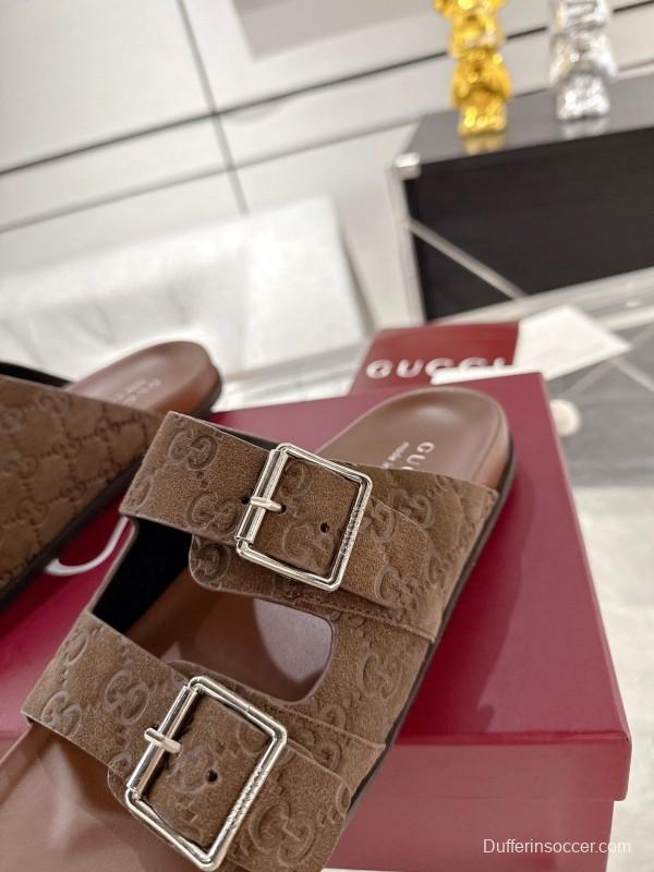2025 Unisex Gucci Brown Leather Slippers Double G Embossed AS00240