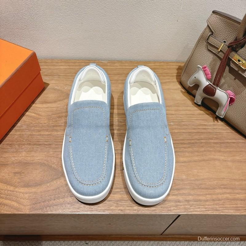 2025 Unisex Hermès Light Blue Canvas Leather Loafers AS00380