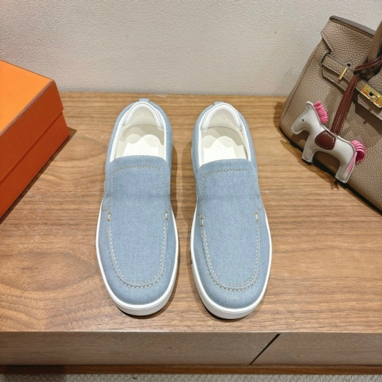 2025 Unisex Hermès Light Blue Canvas Leather Loafers AS00380