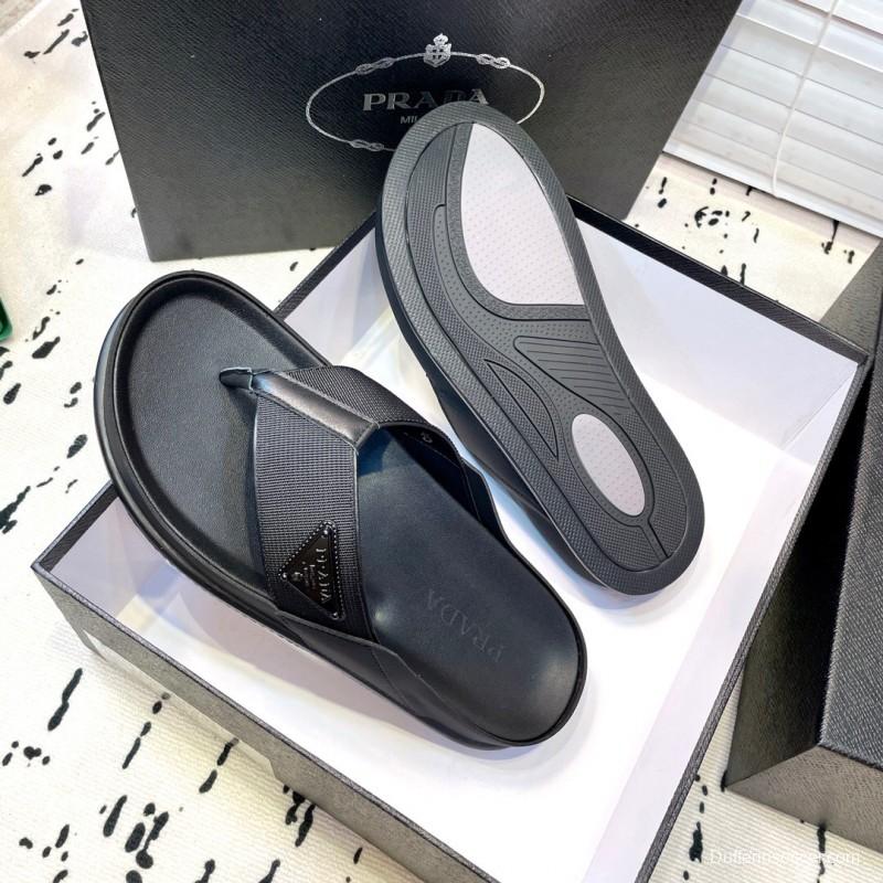 2025 Men Prada Black Fabric Leather Sandals Logo KFY00230
