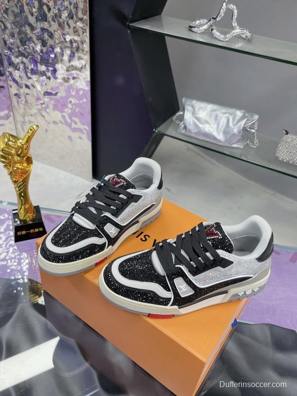 2025 Unisex Louis Vuitton Black White Leather Denim Plimsolls Handcrafted Diamonds AS00400