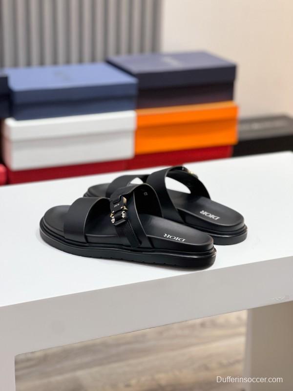 2025 Men Dior Black Leather Slippers Metal CD Diamond AS00190