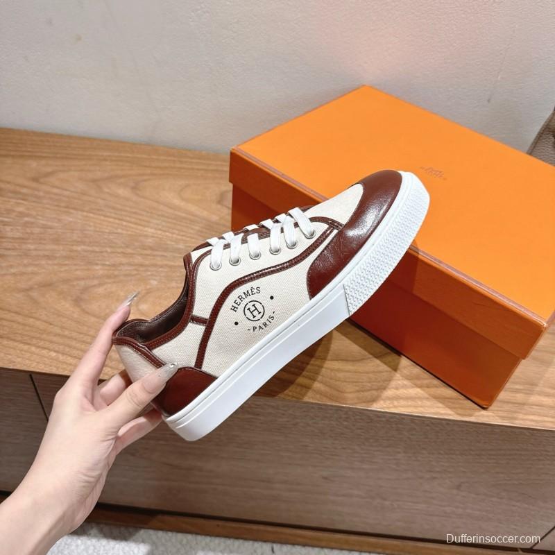 2025 Unisex Hermes Brown White Fabric Leather Sneakers AS00380