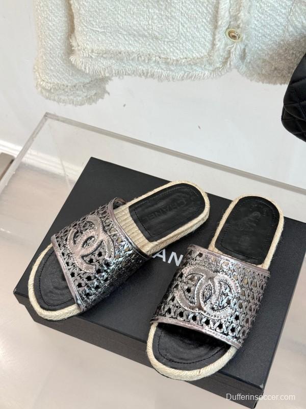 2025 Women Chanel Black Metallic Leather Slippers Hollow Weave KFY00240