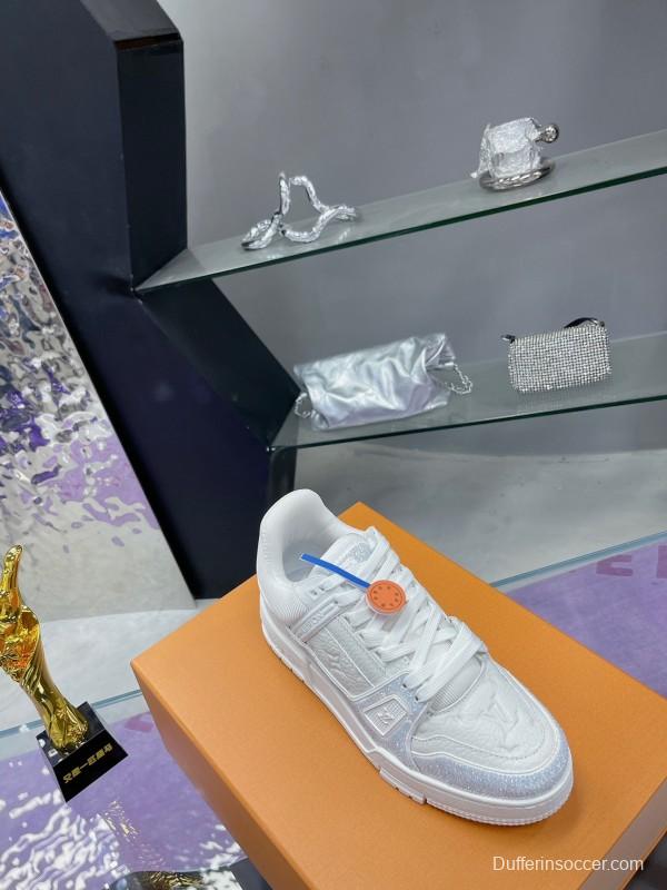 2025 Unisex Louis Vuitton White Leather Denim Trainers With Beads AS00400