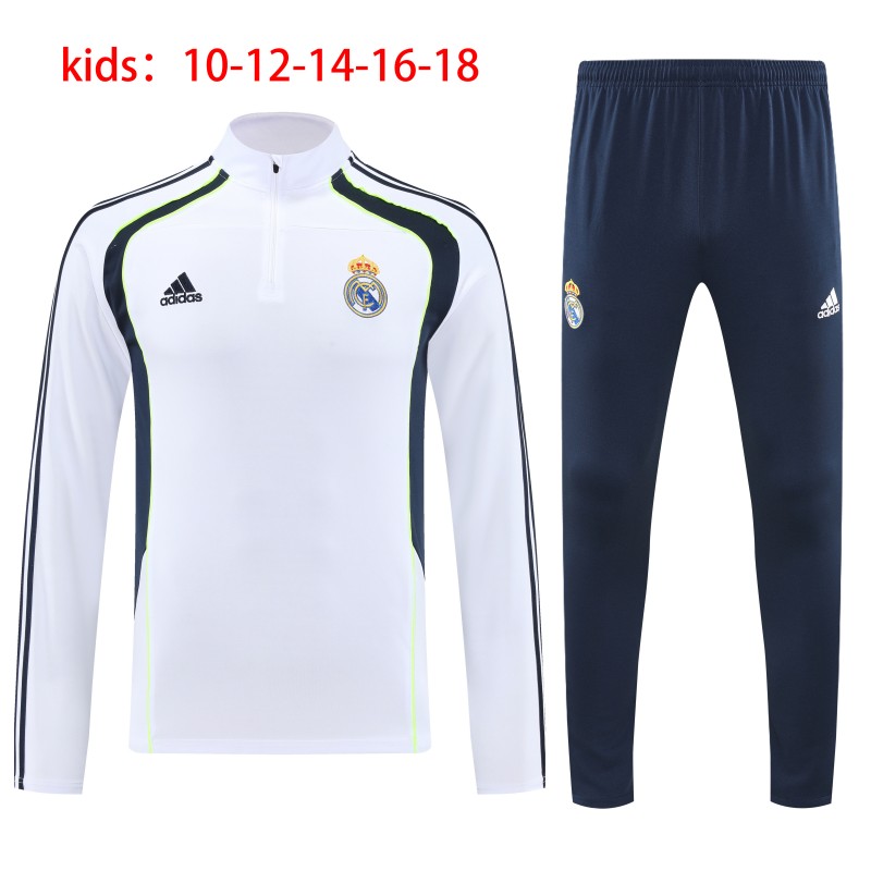 Kids 25/26 Real Madrid White with Navy and Green Stripes Half Zipper Jacket Tracksuit +Long Pants