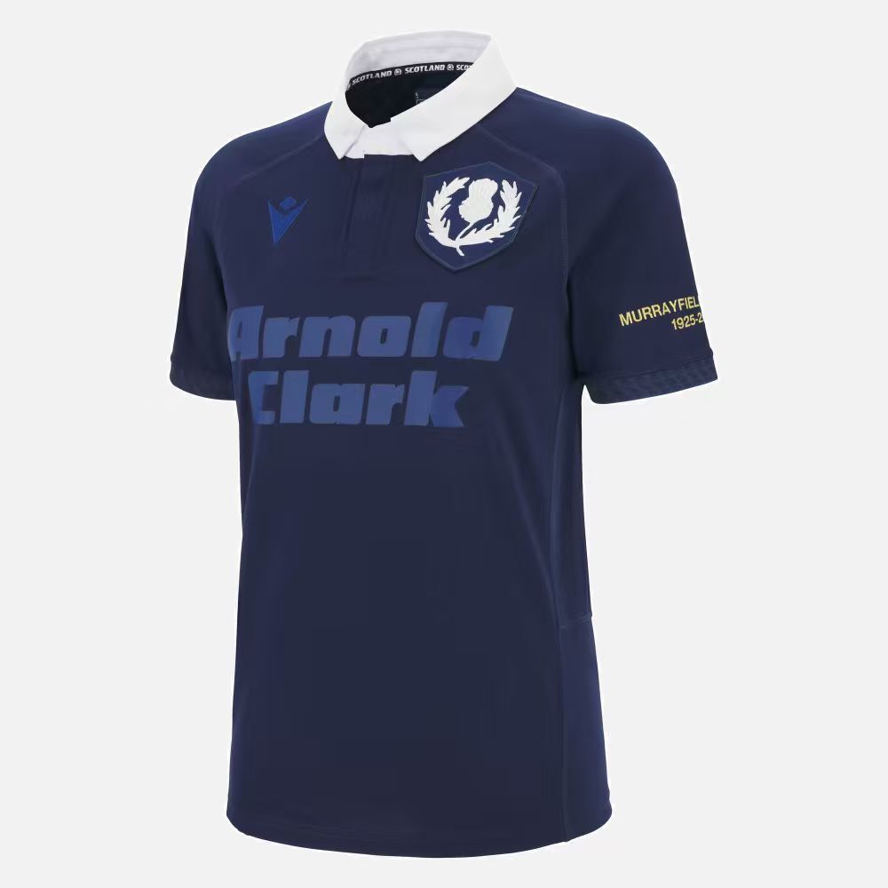 2025 Scotland Rugby  150th Anniversary Navy Blue with White Collar and Murrayfield Commemorative Detail Jersey