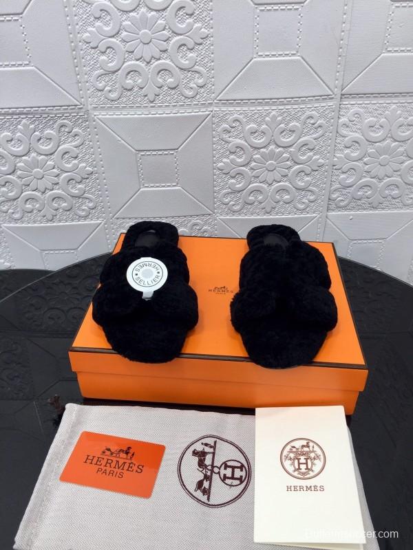 H Teddie Wool H Slippers Flat Sole Fur Slides - LY00240