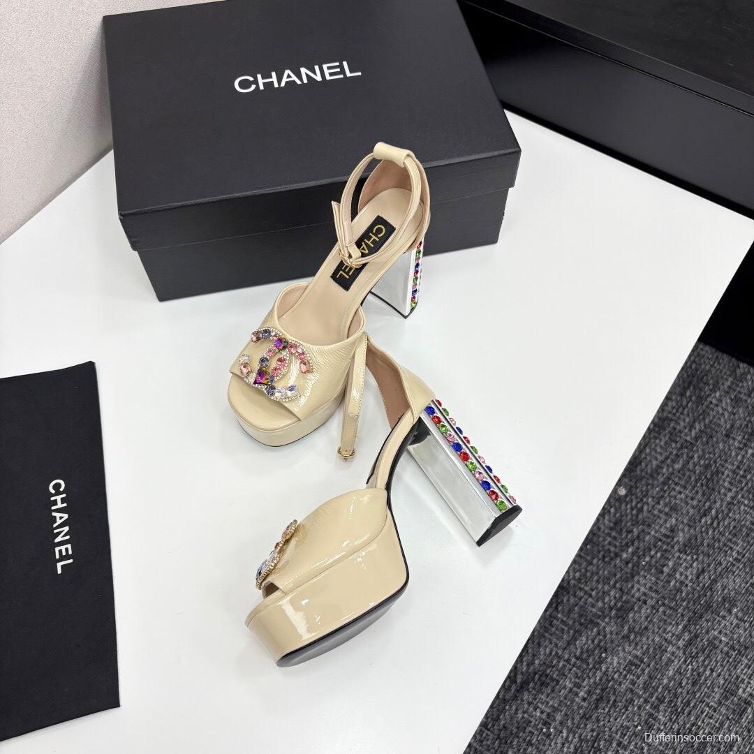 Adidas 2025/SS Little Fragrance Style Nightclub Color Diamond Chunky Heel Square Heel High Heel Waterproof Platform Back Strap Simple Sandals - KFY00350