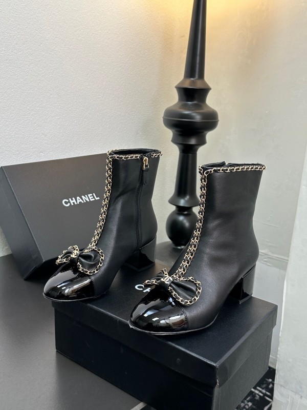 Chanel 2025/SS Chain Bow Chunky Heel Ankle Boots - LY00370