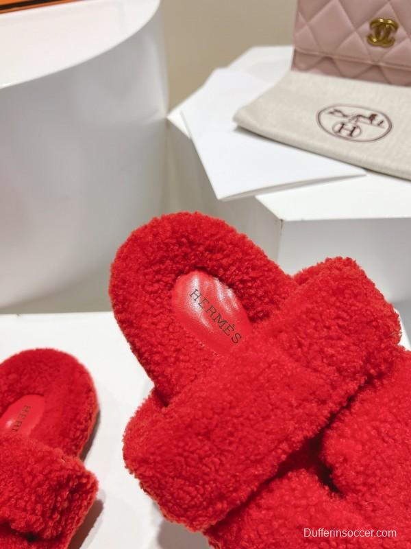 H Love Erjiu Full Wool Slippers with Wavy Fur Design - LY00270
